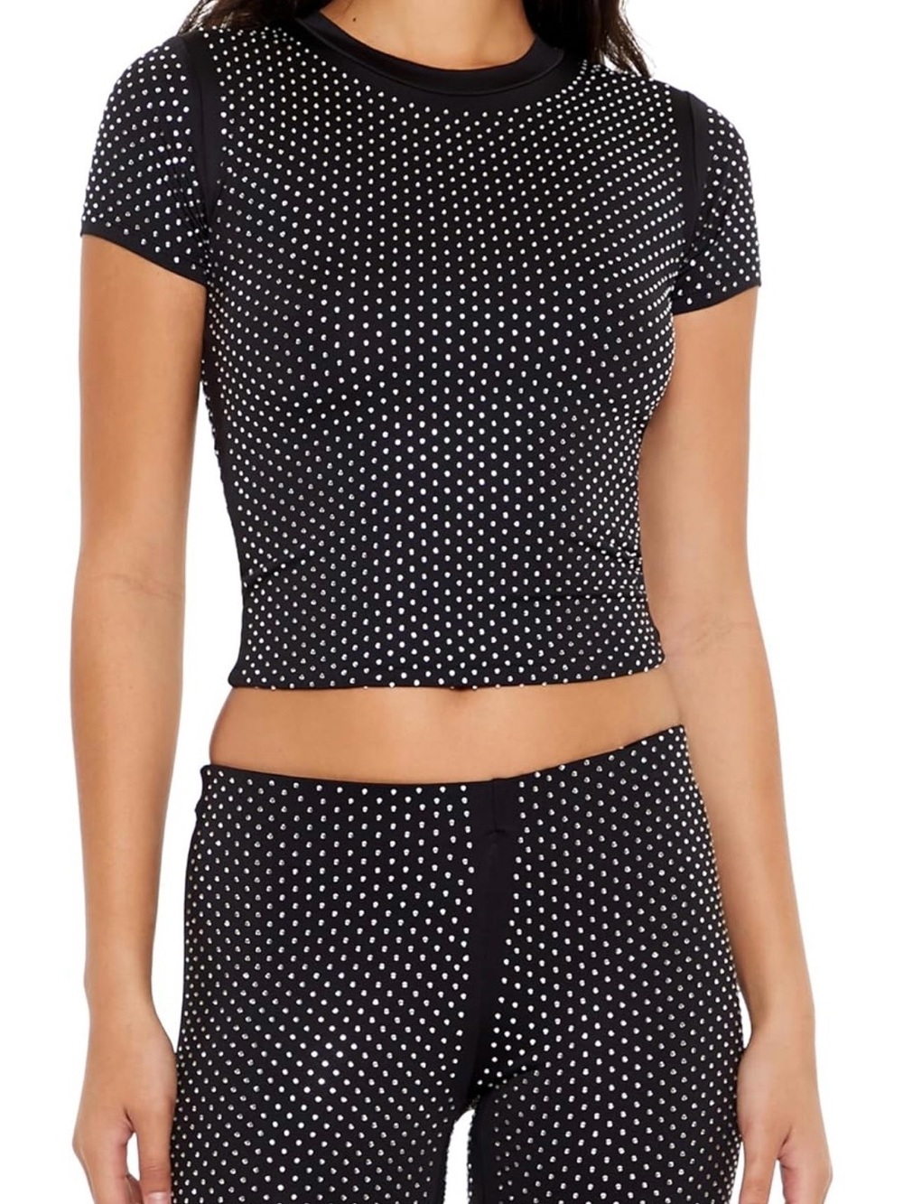 Forever 21 Contour Sculpt Rhinestone Baby Tee Black Fitted Crop Top NWT Medium